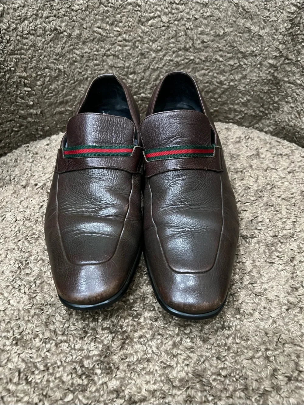 Men's Brown Leather Loafers with Red & Green Accent Gucci Sz 7.5 d